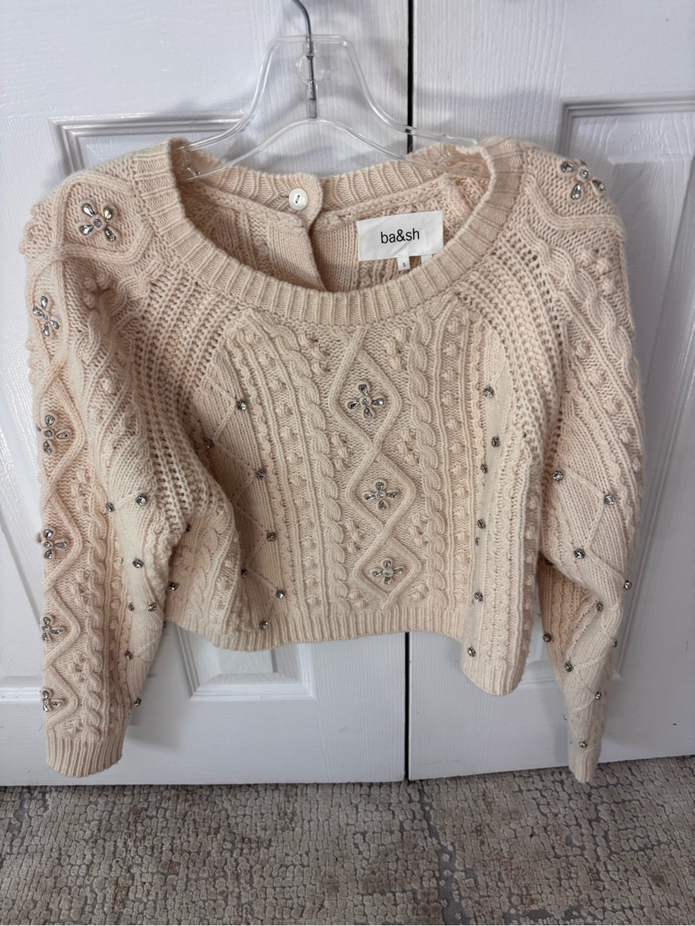 ba&sh Cream Beaded Cable-Knit Crew Sweater size small